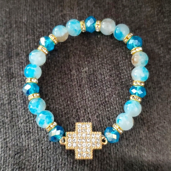 HANDMADE IN TURKEY BLUE STONES CROSS GOLD BRACELET - Picture 1 of 1